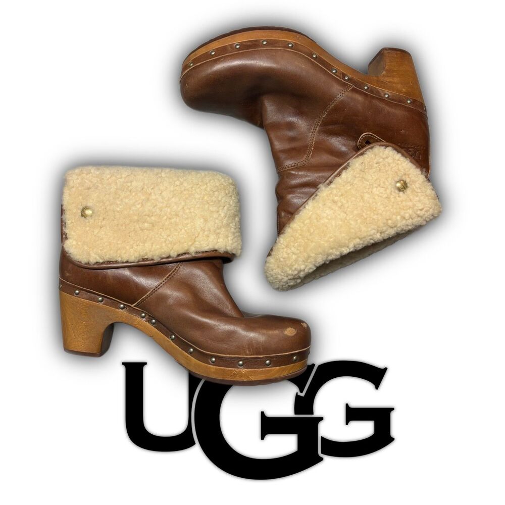 UGG Australia Lynnea Leather & Shearling Wooden Clog Boots Size 8